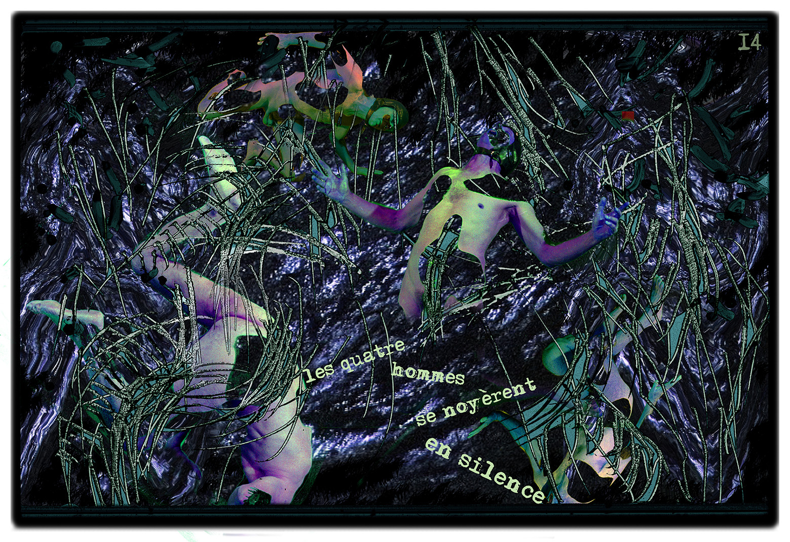 KAFKA. VERS MINUIT 14Les quatre hommes se noyèrent en silence.image en largeur, au format 30 x 40 cmPhoto montages numériques sur palette graphique, dessin, blue screen, impression jet d’encres aux pigments.